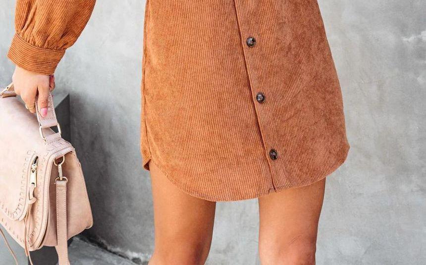 Long-Sleeve Plain Belted Corduroy Mini Shirt Dress Product Image