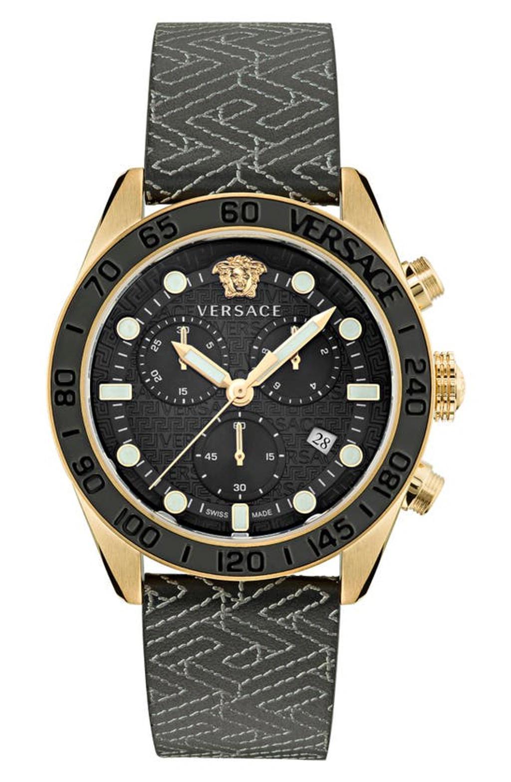 VERSACE Men's Greca Dome Chronograph Leather Strap Watch, 43mm In Black Gold Product Image