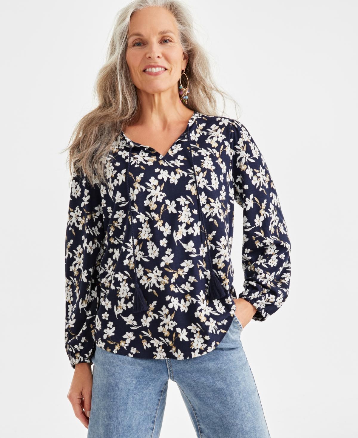 Style & Co Womens Printed Tassel Knit Blouse, Created for Macys Product Image