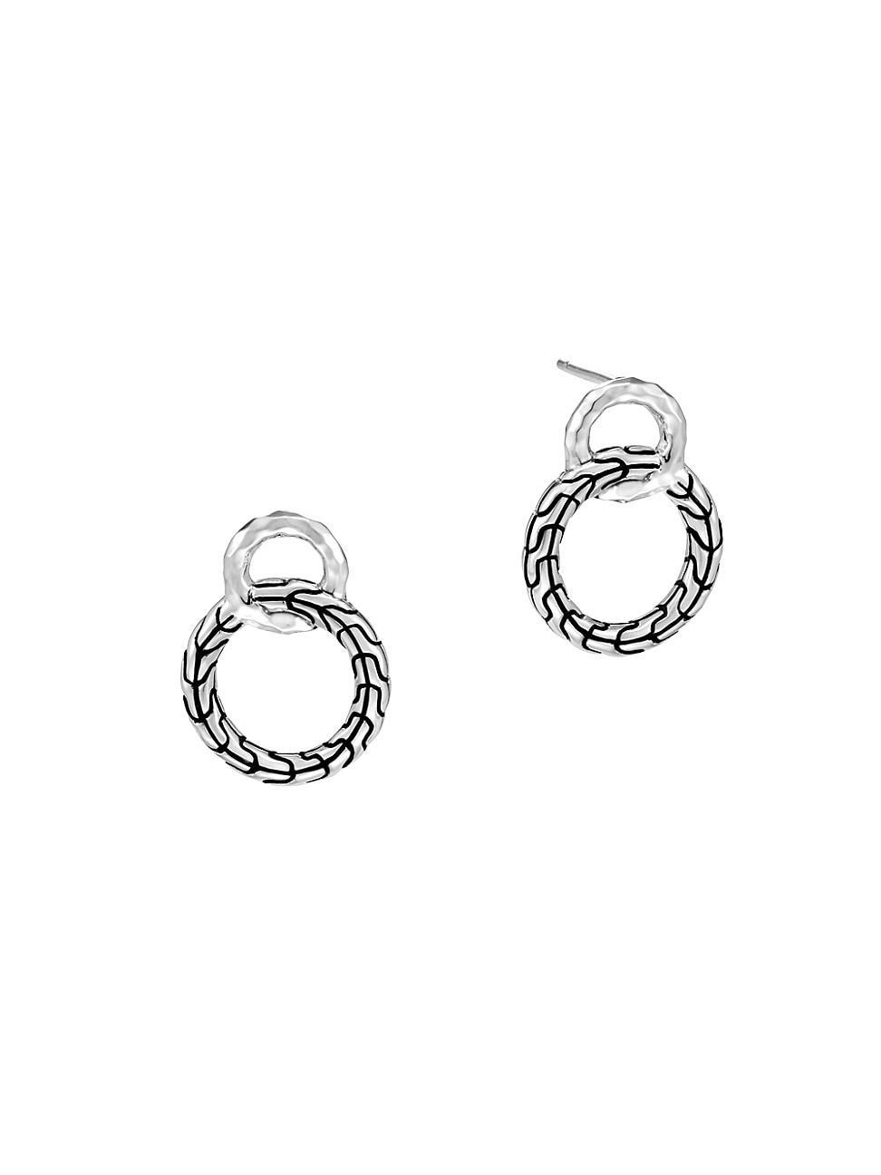 Womens Classic Chain Hammered Silver Interlinking Hoop Earrings - Sterling Silver Product Image