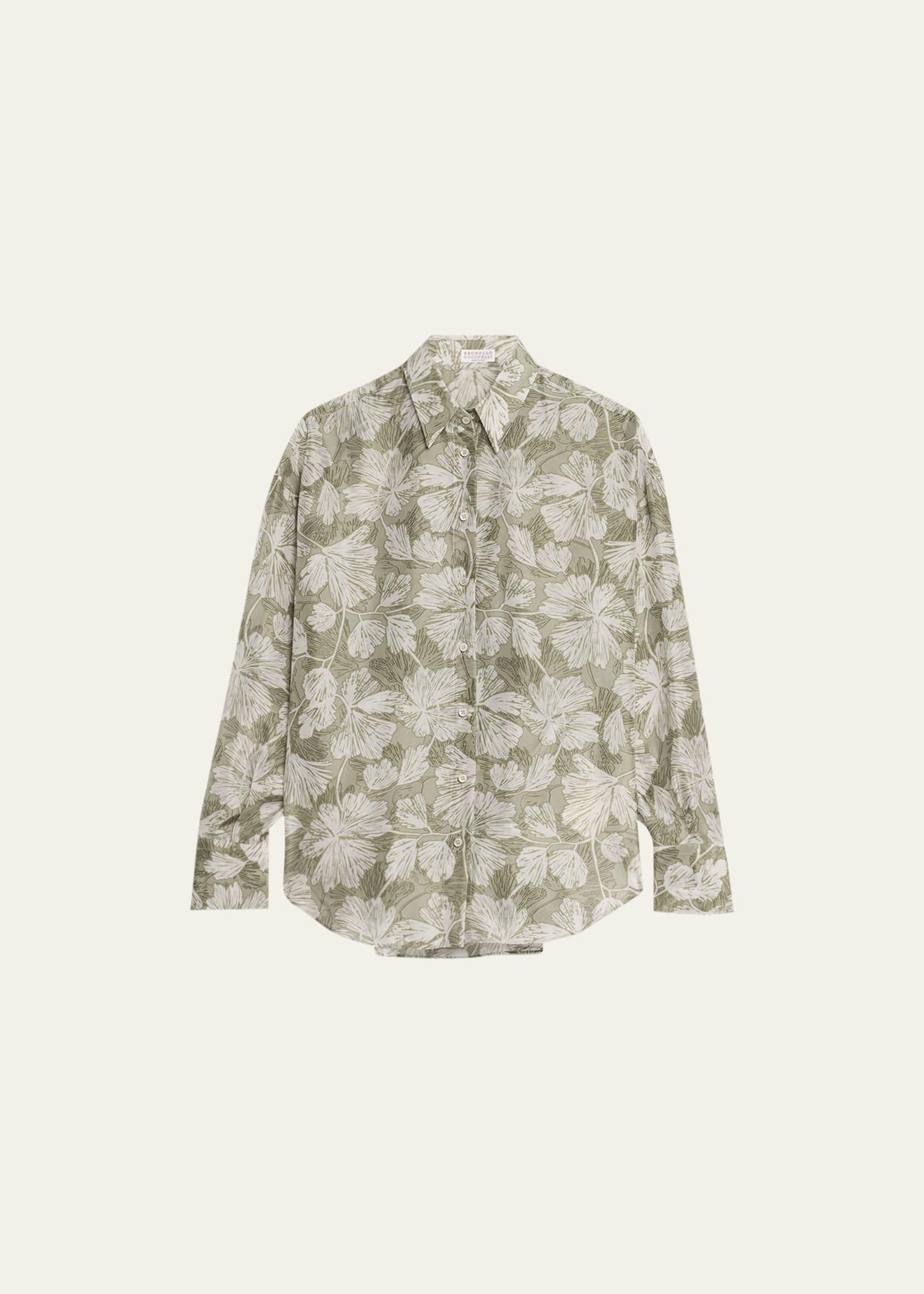 Womens Silk Ginkgo Print Pongee Shirt With Monili Product Image