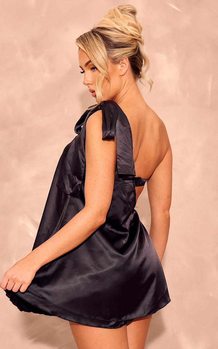 Black Satin One Shoulder Cut Out Floaty Skort Romper Product Image