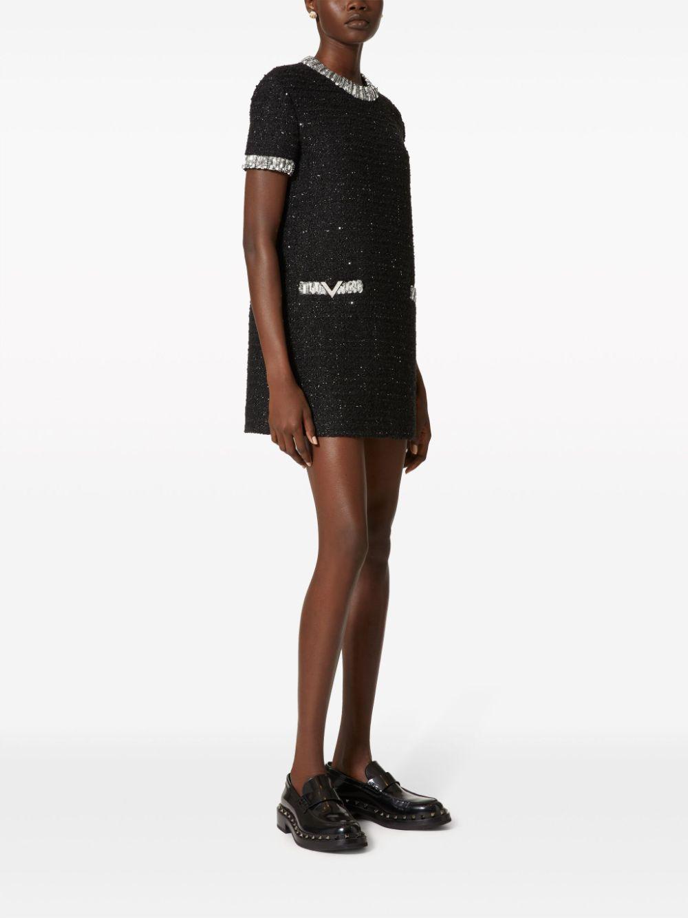 VALENTINO Embroidered Tweed Minidress In Black Silver Product Image