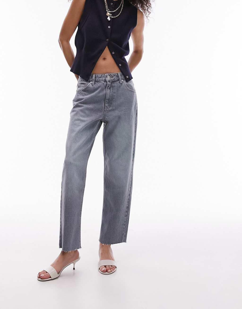 Topshop cropped mid rise straight jeans with raw hems in cloudy green  Product Image