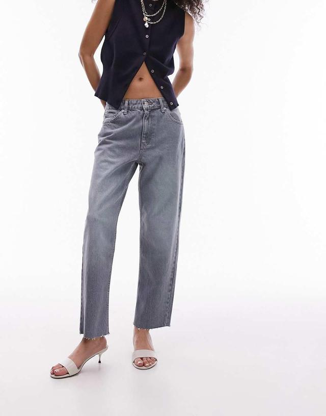 Topshop cropped mid rise straight jeans with raw hems in cloudy green  Product Image