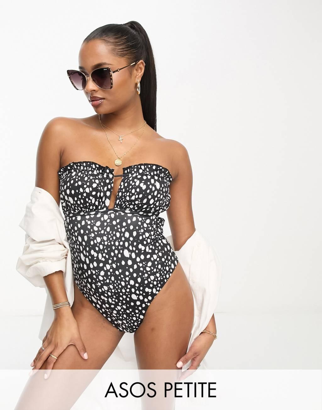 ASOS DESIGN Petite bandeau frill swimsuit in monochrome spot print Product Image