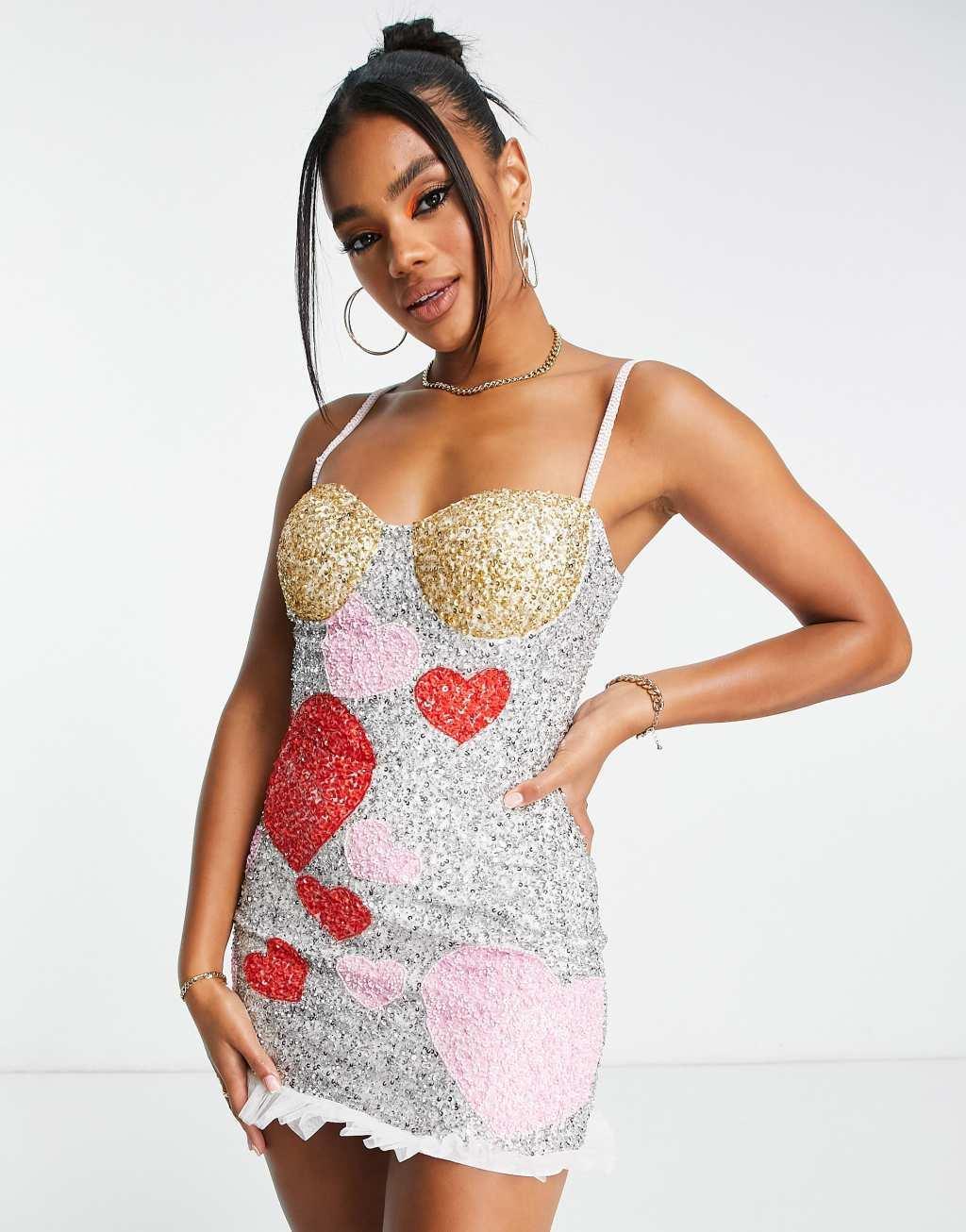 Lace & Beads exclusive contrast heart embellished mini dress Product Image