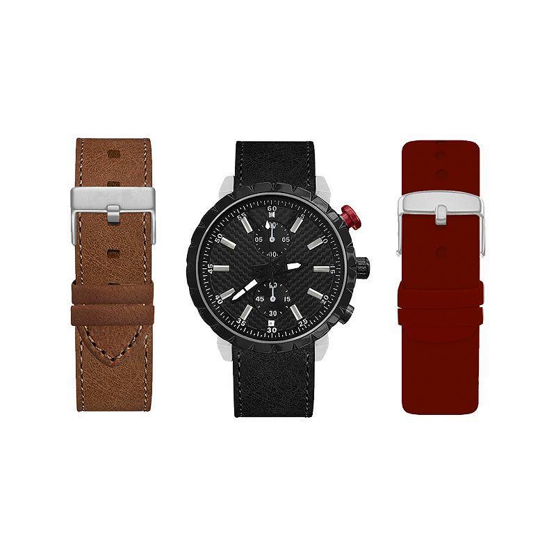 American Exchange Mens Black Watch with Burgundy, Brown, and Black Interchangeable Straps Multicolor Product Image