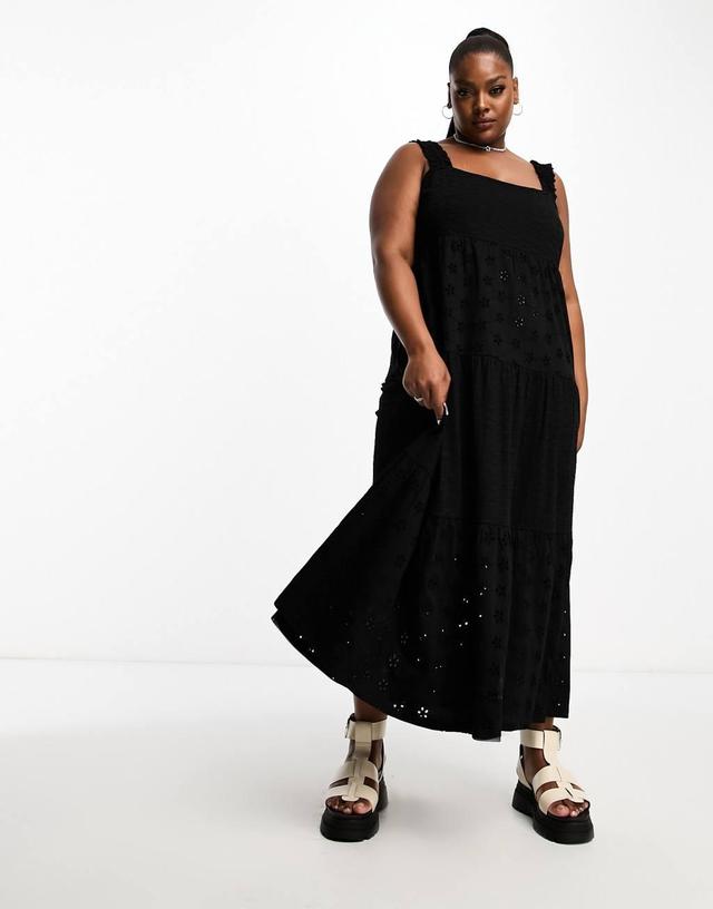 ASOS DESIGN Curve square neck broderie tiered maxi dress in black  Product Image