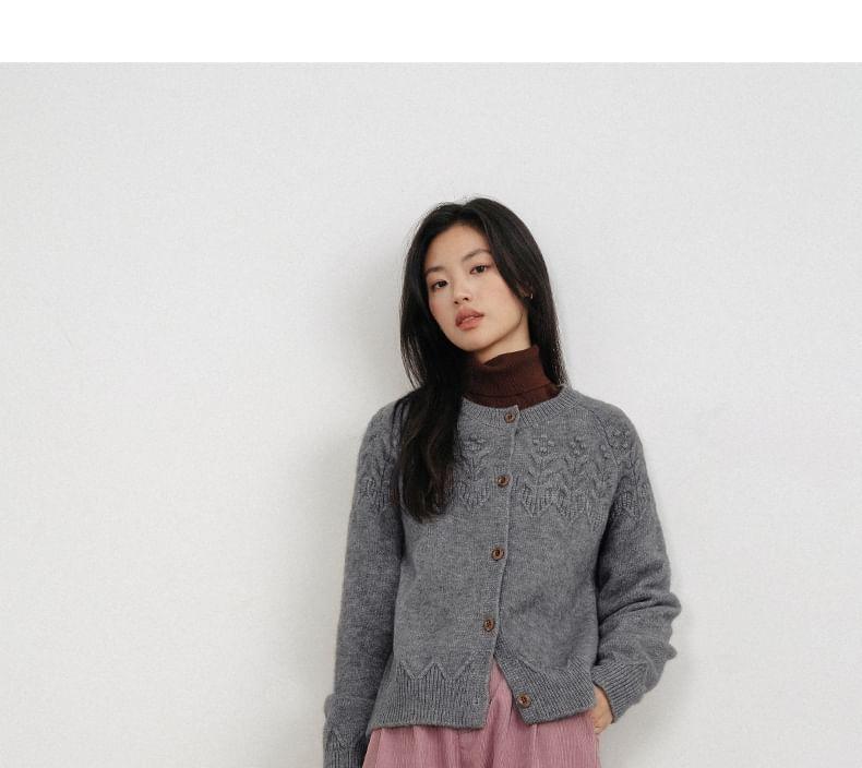 Crew Neck Plain Cable Knit Button-Up Cardigan Product Image