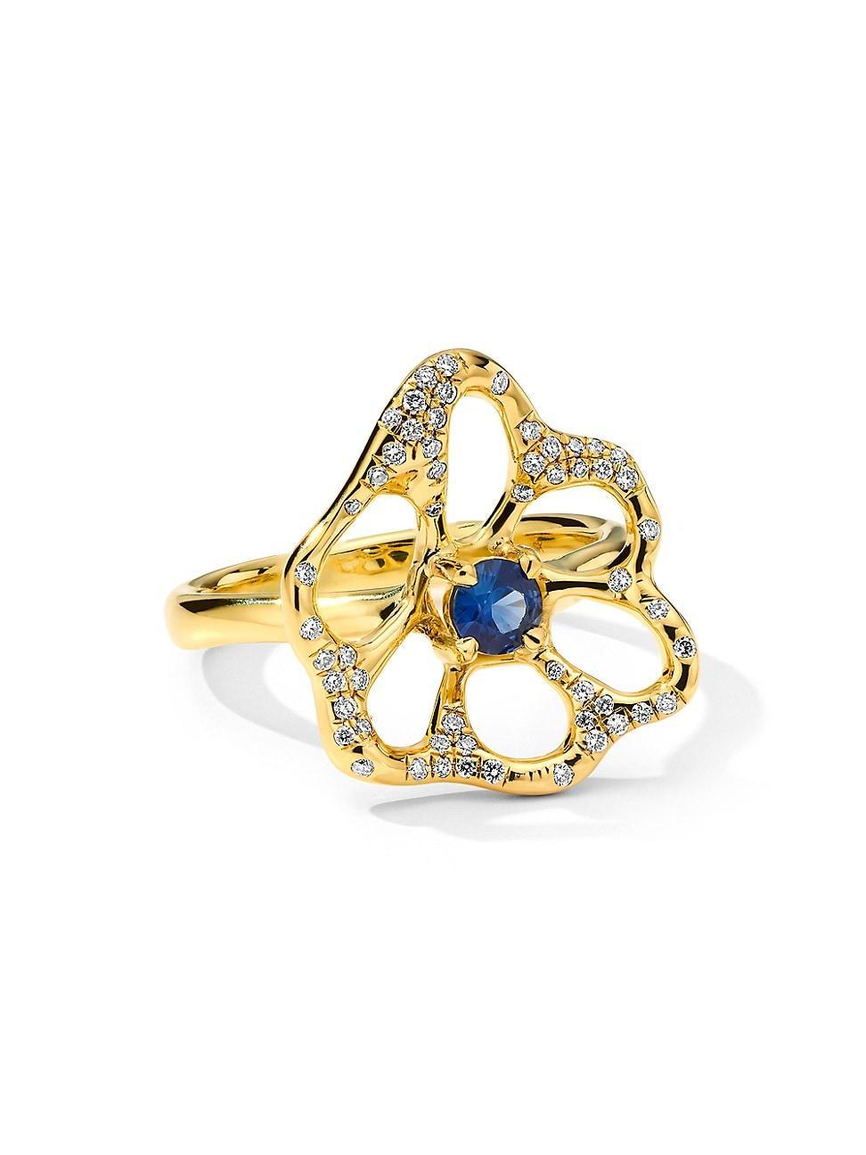 Womens Stardust 18K Yellow Gold, Blue Sapphire & 0.21 TCW Diamond Medium Flower Ring Product Image