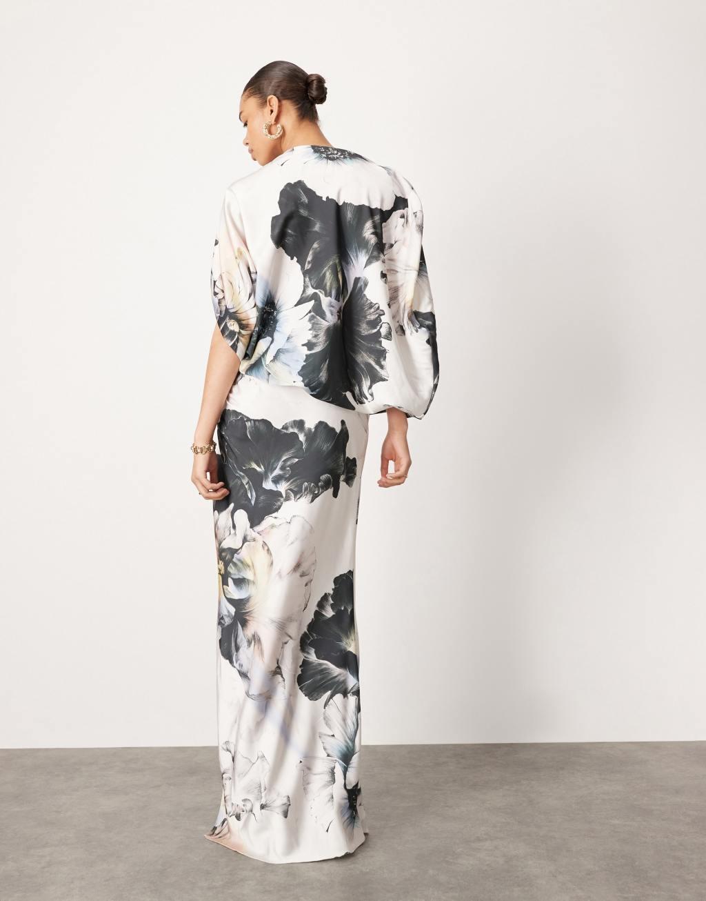 ASOS EDITION satin oversized one sleeve maxi dress in large floral print Product Image