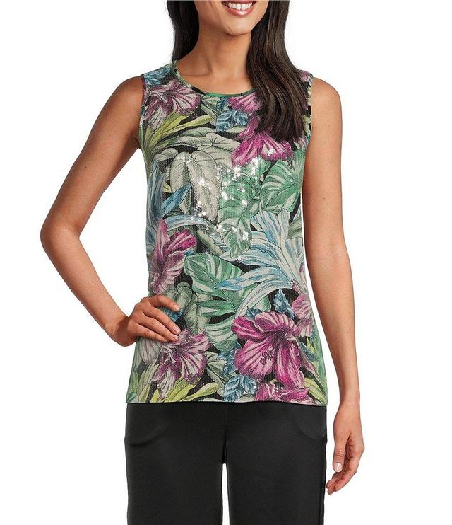 Tommy Bahama Jungle Jewels Georgette Sequin-Embellished Tropical Print Round Neck Sleeveless Top Product Image