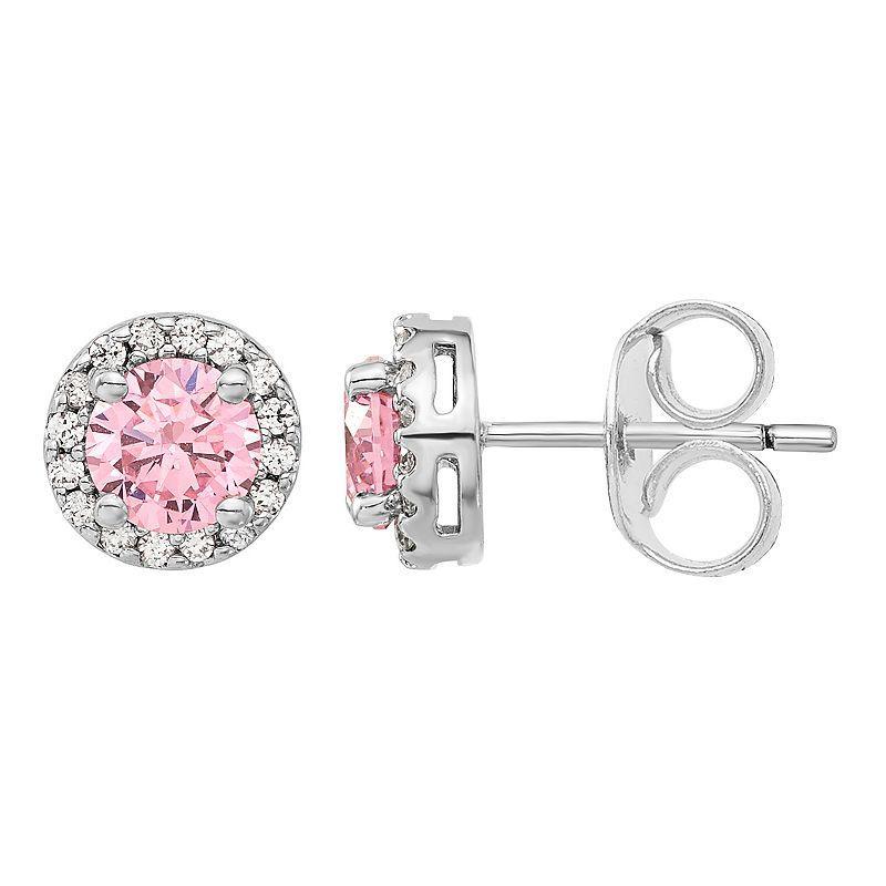 Diamonore Sterling Silver Pink & White Cubic Zirconia Halo Stud Earrings, Womens Product Image