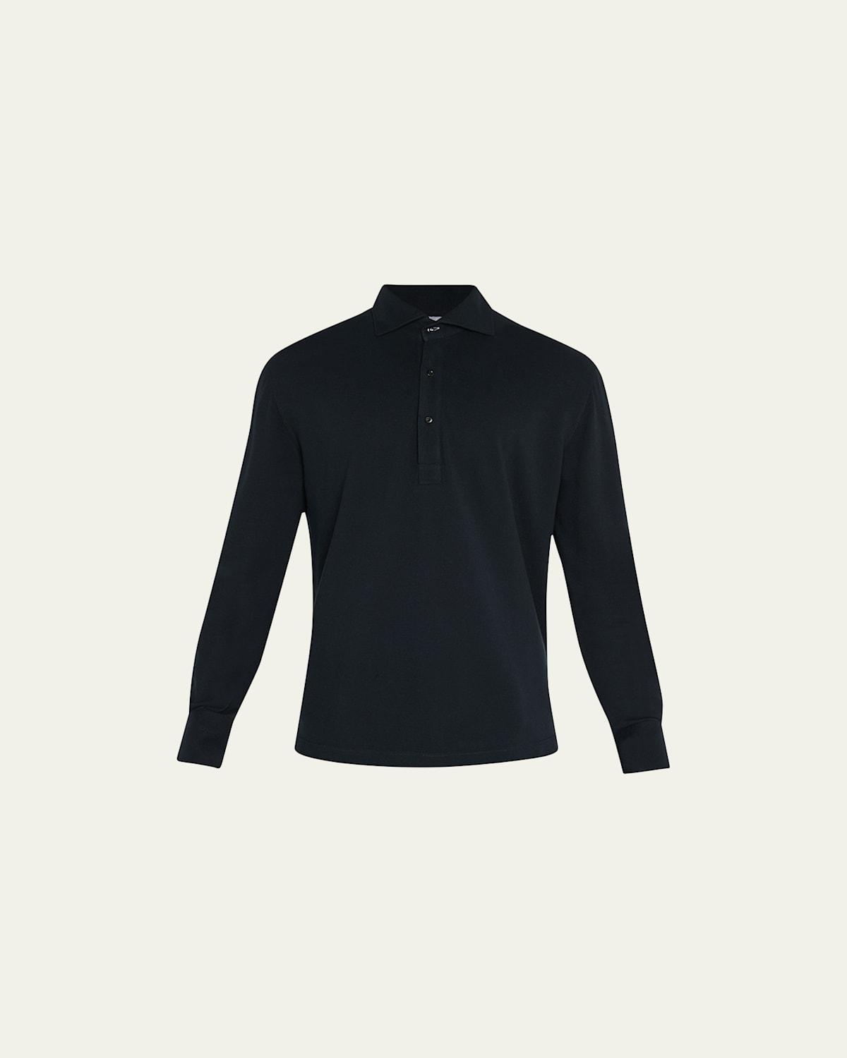 Brunello Cucinelli Men's Pique Button-Cuff Polo Shirt  - BLACK - Size: 56 EU (46 US) Product Image