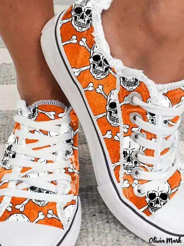 Olivia Mark – Halloween Canvas Lace Up Skull Print Sneakers Product Image