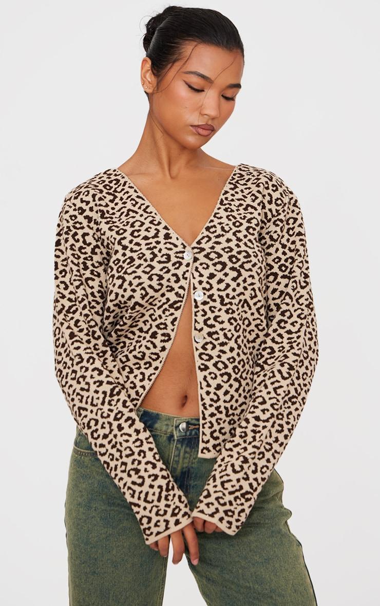  Brown Leopard Print Knitted Button Up V Neck Cardigan Product Image