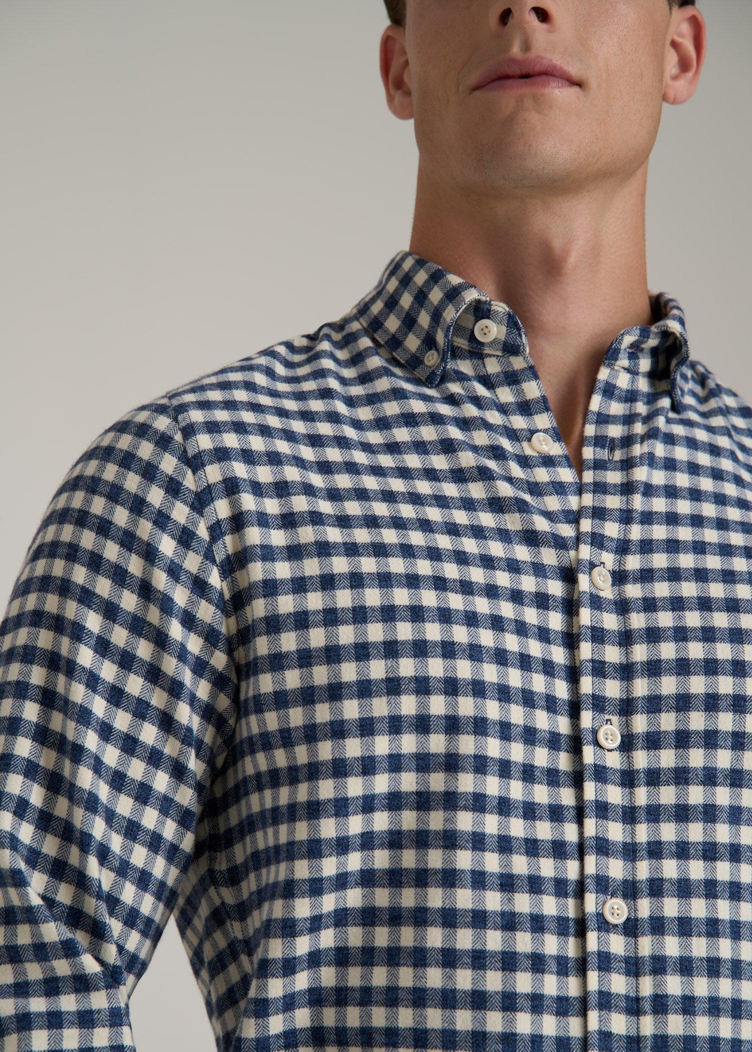 Midweight Brushed Flannel Button Shirt for Tall Men in Blue and Ecru Gingham Male Product Image