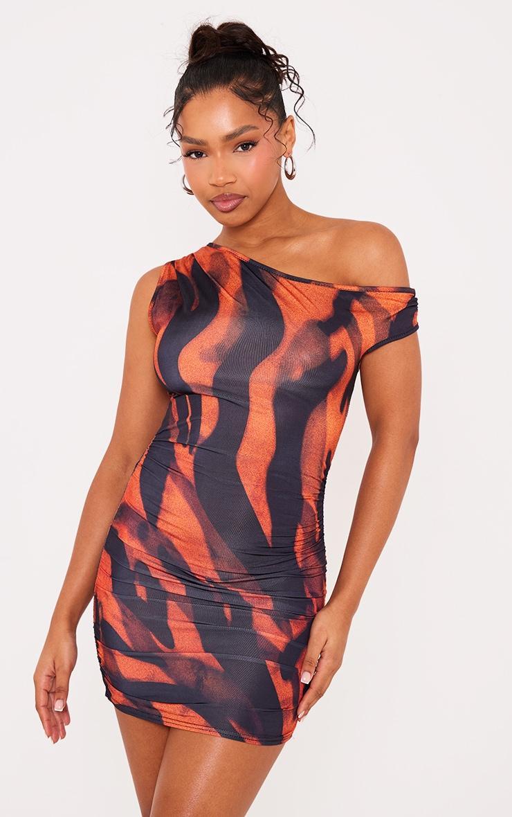 Multi Printed Slinky Bardot One Shoulder Cut Out Mini Dress product image