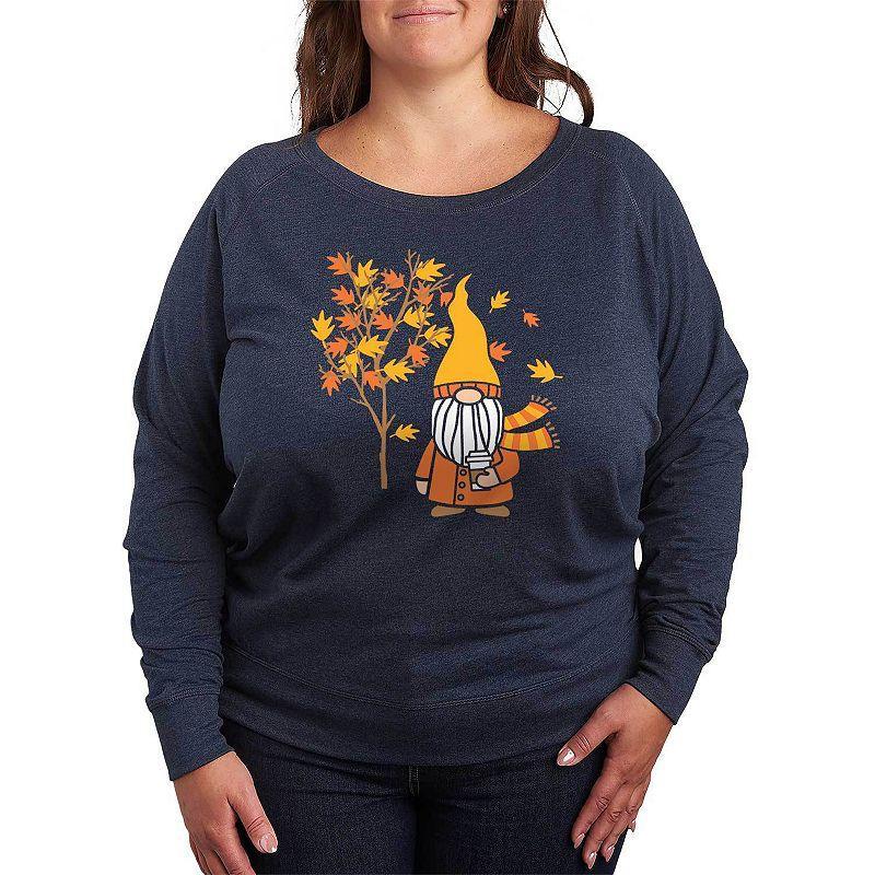 Plus Size Fall Gnome Tree Lightweight French Terry Sweatshirt, Girls Grey Indigo Product Image