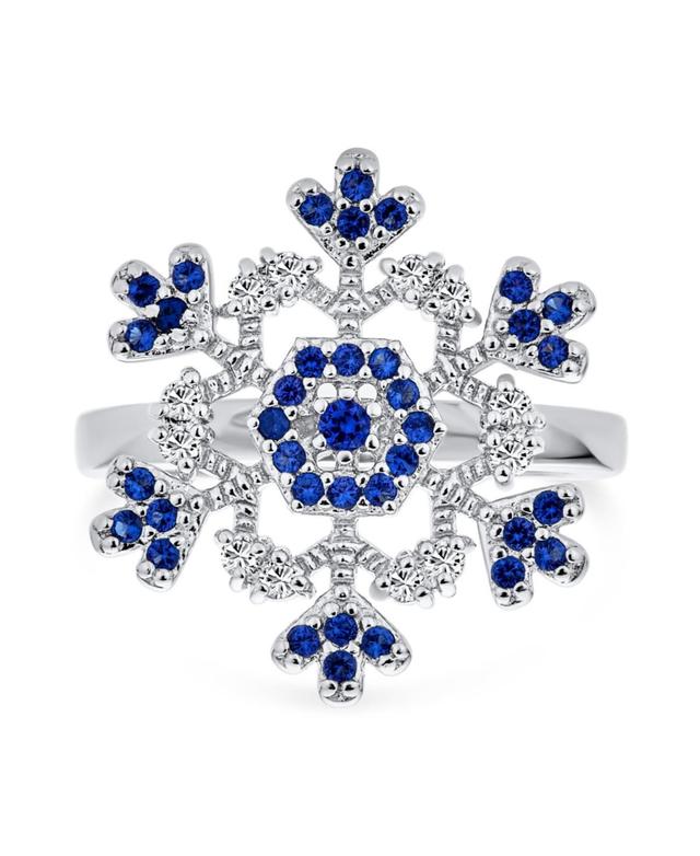 Winter Holiday Christmas Statement 2 Tone Blue Clear Cubic Zirconia Flower Snowflake Cz Ring Cocktail For Women .925 Sterling Silver Product Image