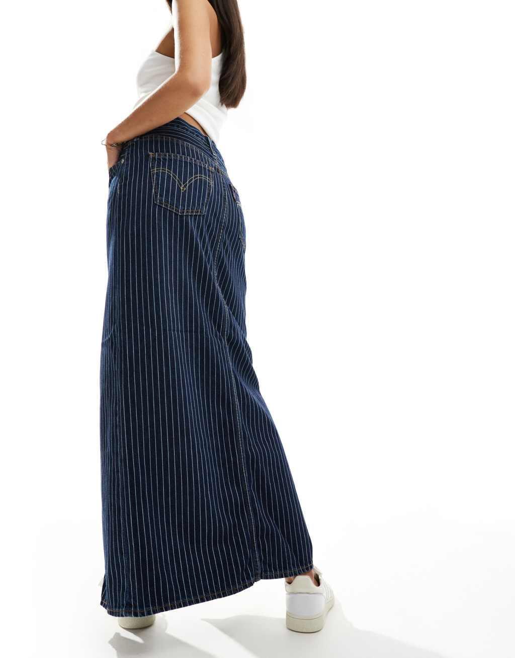 Levi's ankle column stripe denim skirt in dark blue Product Image