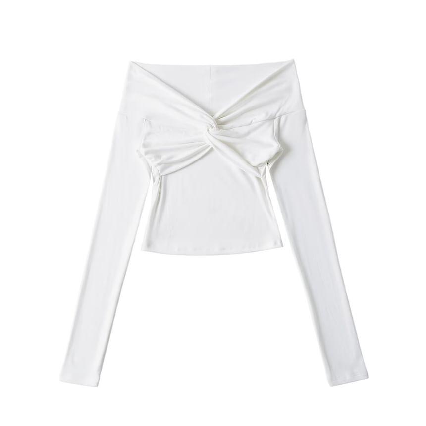 Long Sleeve Off Shoulder Plain Twist Cropped Top Product Image