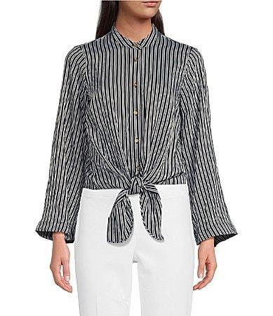 MICHAEL Michael Kors Halo Pinstripe Woven Banded Collar Long Flare Sleeve Front Product Image