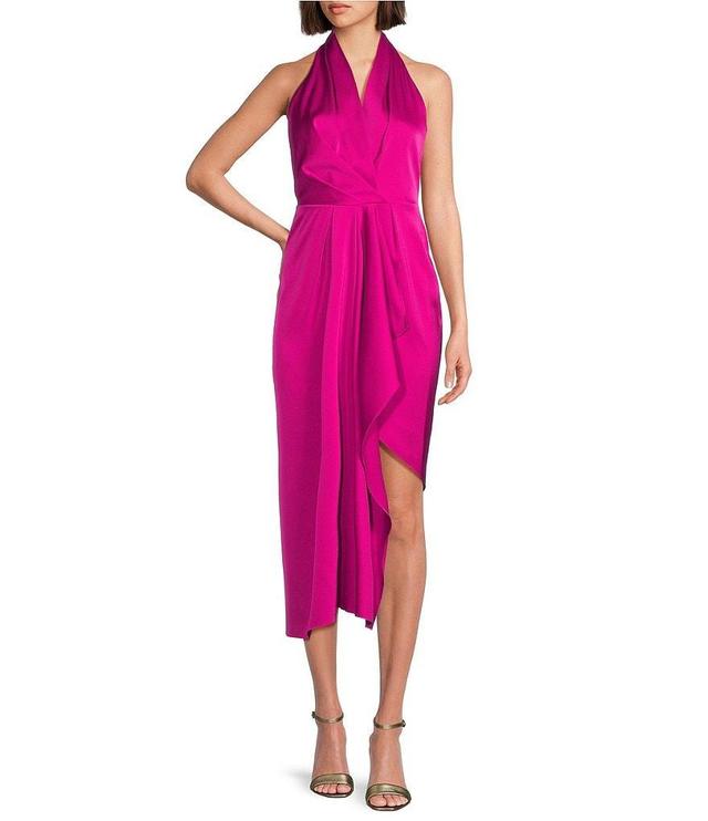 Alex Marie Petite Size Hazel Halter Neck Sleeveless Draped Asymmetrical Hem Satin Dress Product Image