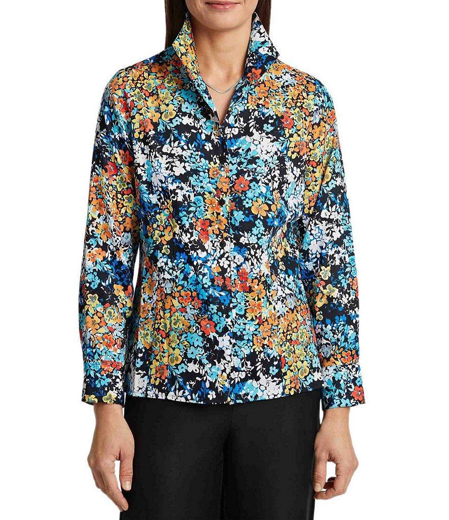 Foxcroft Katie Floral Print Wing Collar Long Sleeve Top Product Image