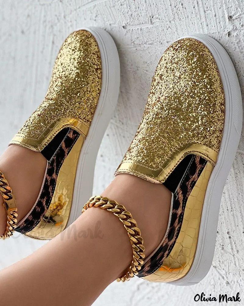 Olivia Mark – Stylish Contrast Sequin Slip-On Sneakers with Leopard Print Design Product Image