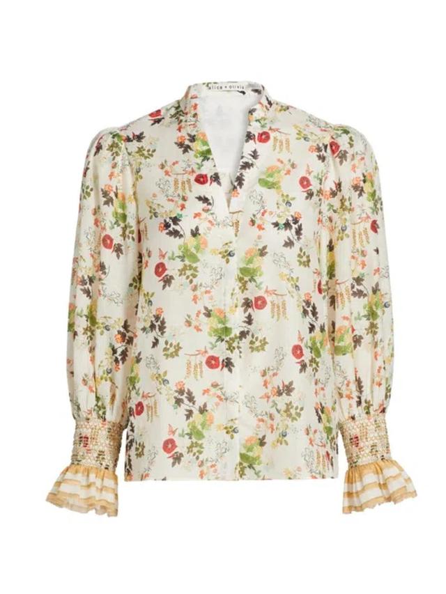 Alice + Olivia Ilan Floral Cotton & Silk Button-up Shirt In Blush Kiss Vanilla Product Image