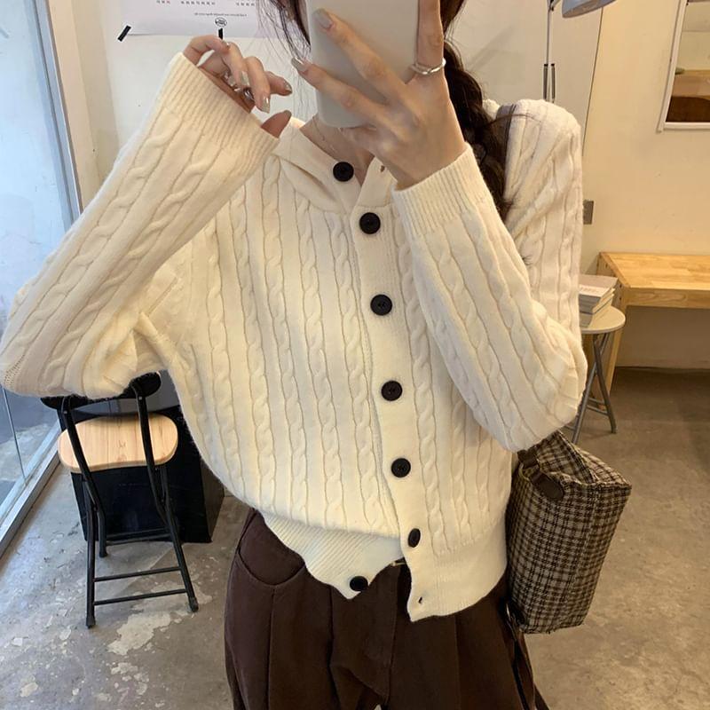 Plain Hooded Cable Knit Button-Up Cardigan Product Image