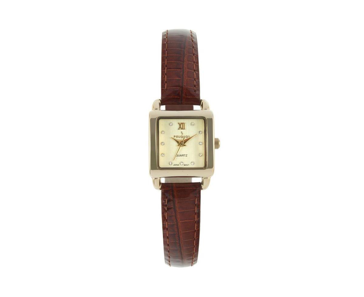 Peugeot Womens 20mm Square Watch with Glossy Brown Leather Strap Product Image