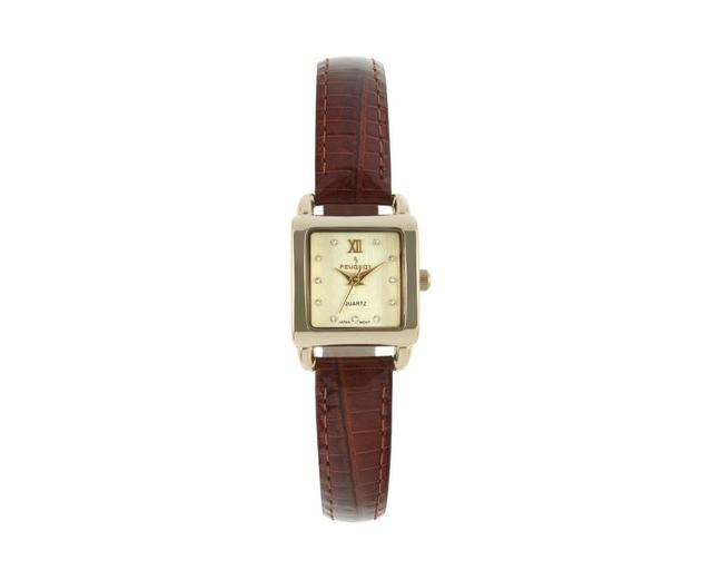 Peugeot Womens 20mm Square Watch with Glossy Brown Leather Strap Product Image