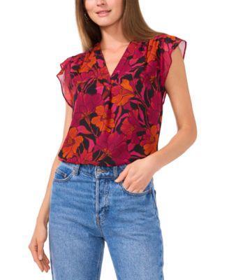 Women's Floral V-Neck Flutter-Sleeve Top Product Image