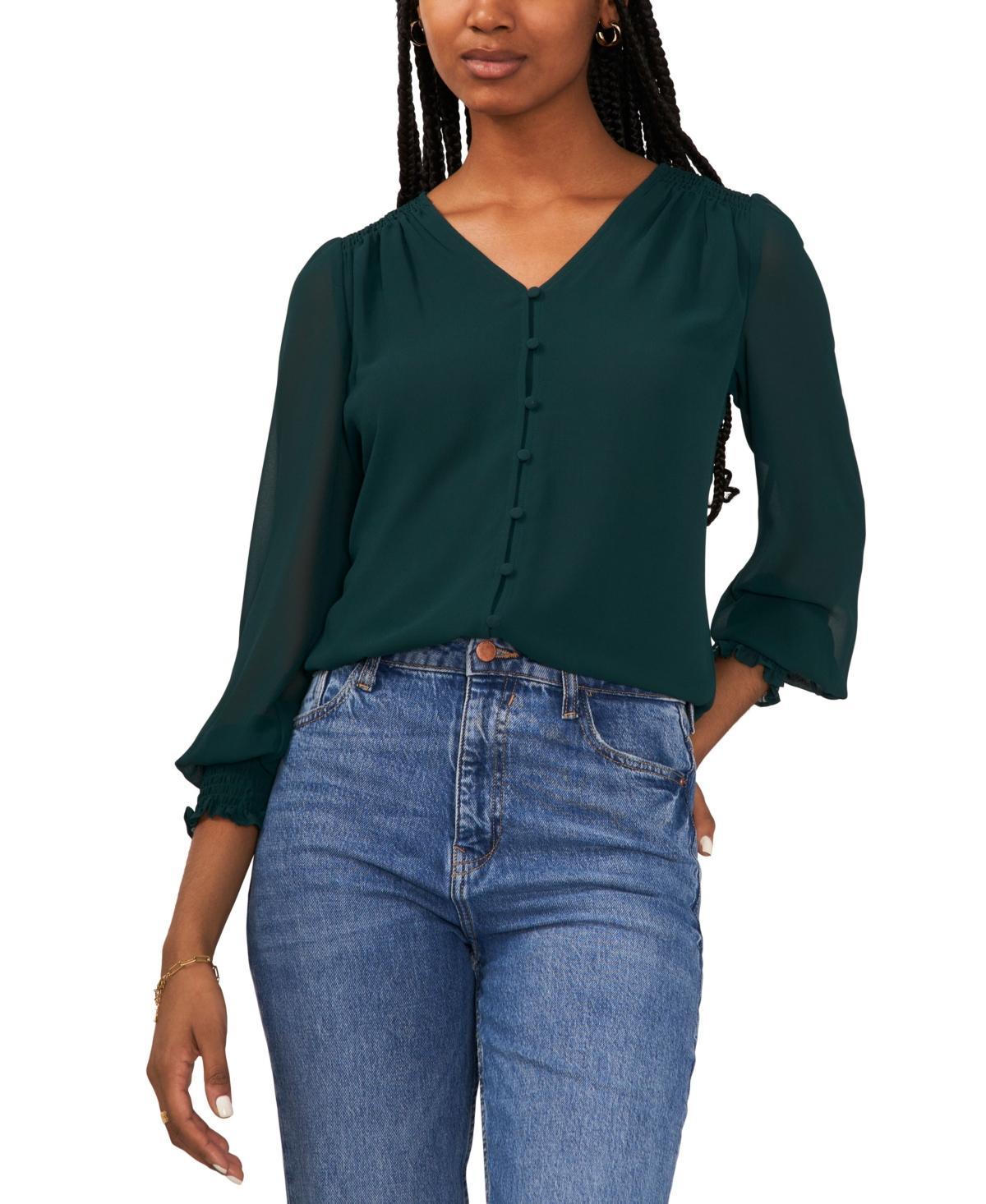 Petite V-Neck Smocked-Shoulder Blouse Product Image