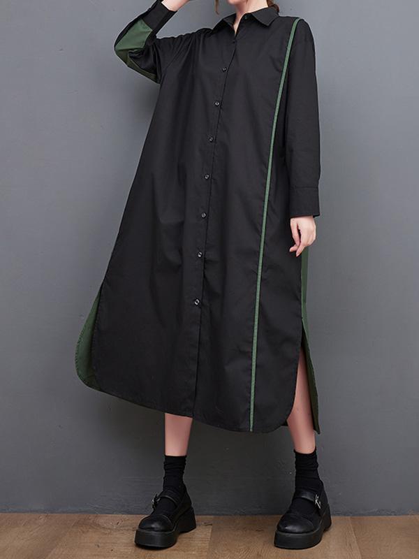 Long Sleeves Loose Asymmetric Buttoned Split-Joint Split-Side Lapel Midi Dresses Shirt Dress Product Image