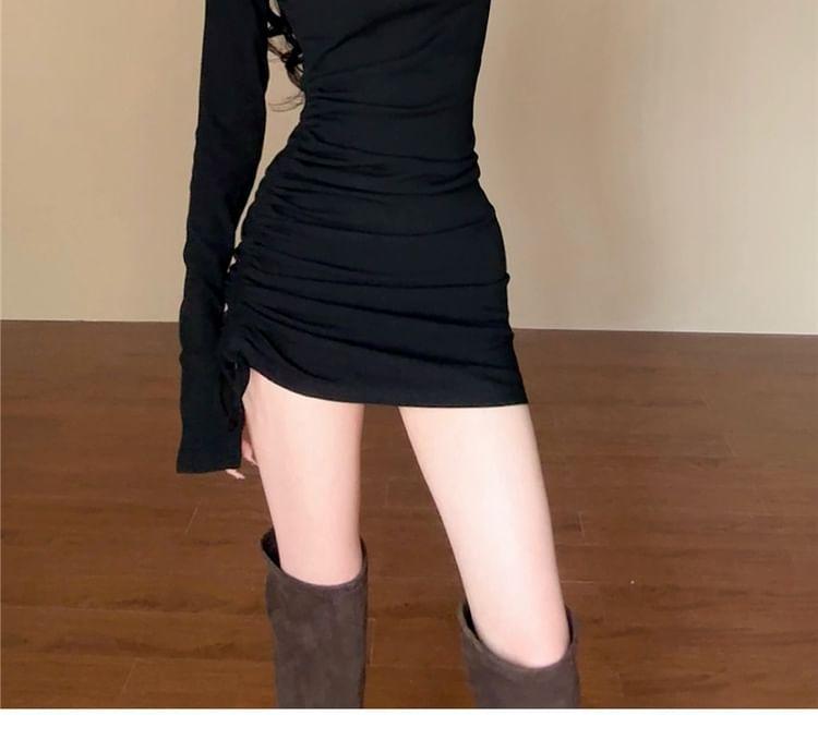 Long-Sleeve Notched Plain Mini Bodycon Dress Product Image