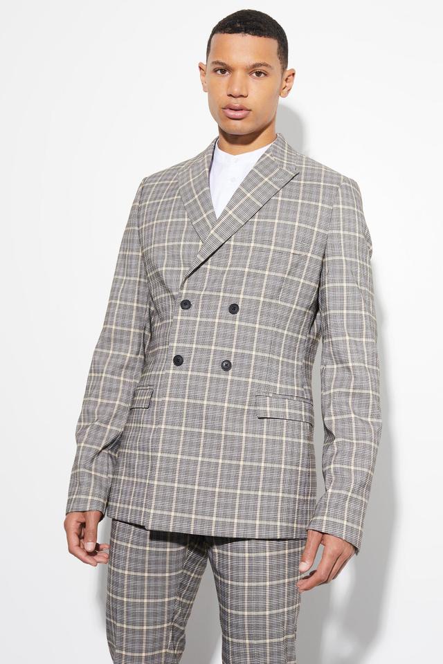 Tall Skinny Double Breasted Check Suit Jacket | boohooMAN USA Product Image