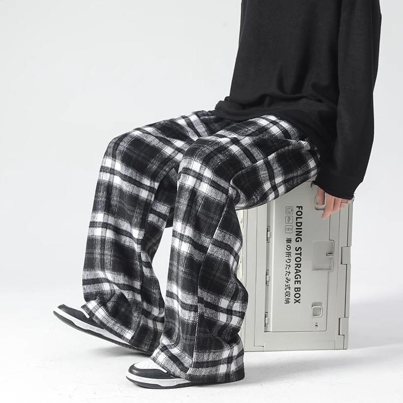 Drawstring Waist Plaid Wide Leg Pants Product Image