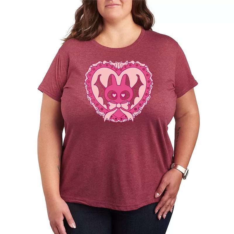 Plus Size Bat Cat Coquette Graphic Tee, Womens Grey Dark Red Product Image