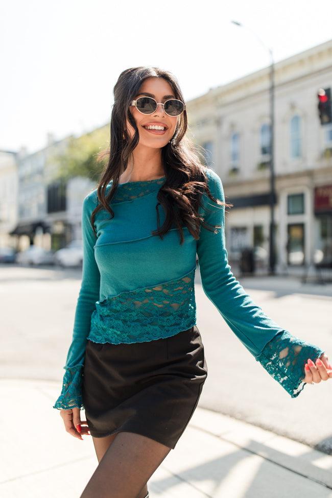 Full Of Joy Teal Asymmetrical Hem Lace Detail Top product image