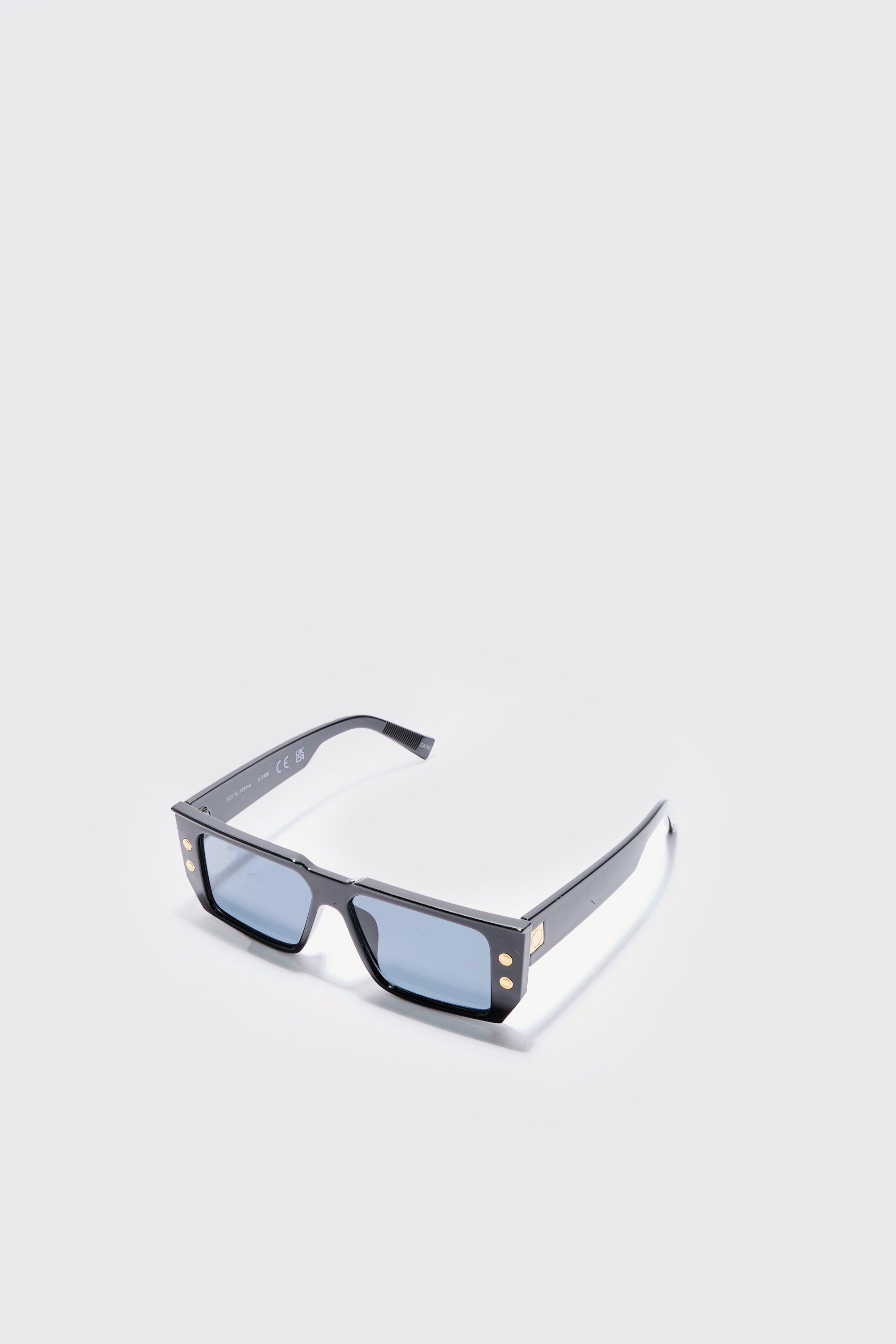 Rectangular Plastic Sunglasses In Black | boohooMAN USA Product Image