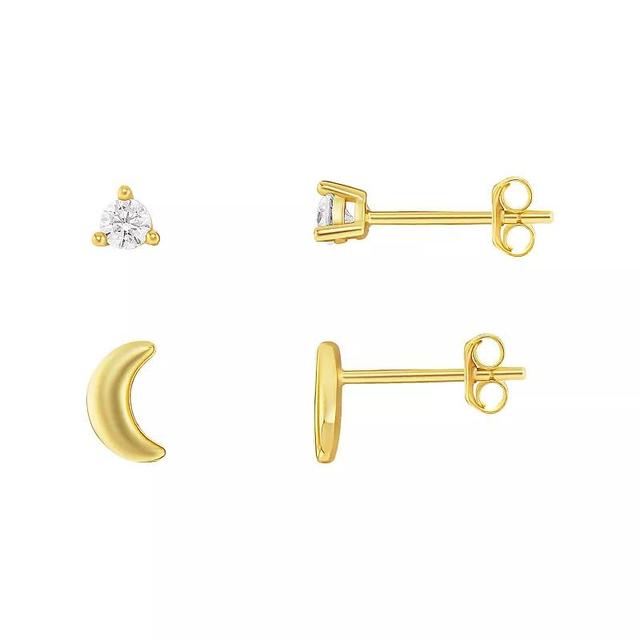 PRIMROSE 24k Gold over Sterling Silver Round Cubic Zirconia Stud Earrings & Polished Crescent Moon Stud Earrings Duo Set, Womens, Gold Tone White Product Image