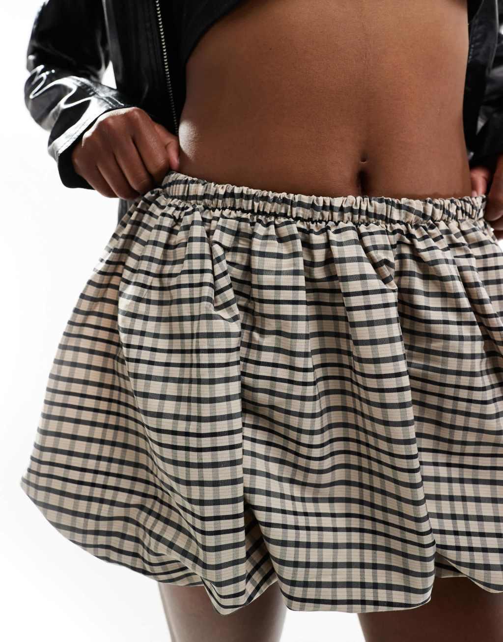 Bershka puffball mini skirt in brown plaid Product Image