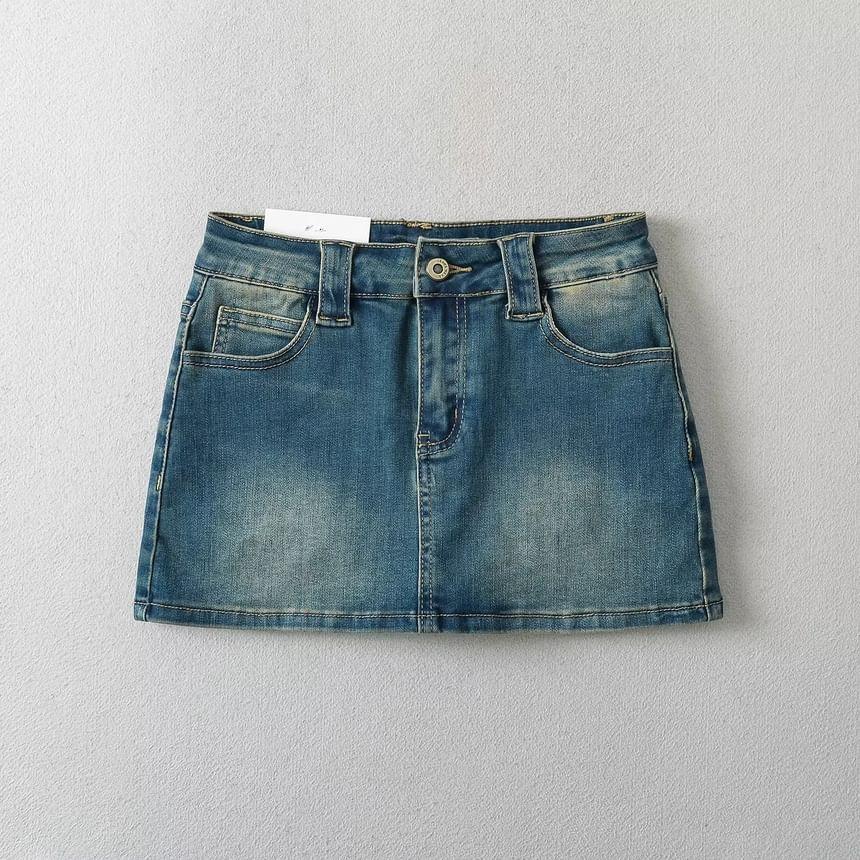 Mid Waist Washed Mini Pencil Denim Skirt Product Image