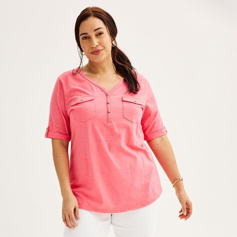 Plus Croft & Barrow Elbow Sleeve Utility Henley Top, Womens Hawaiian Pink Product Image