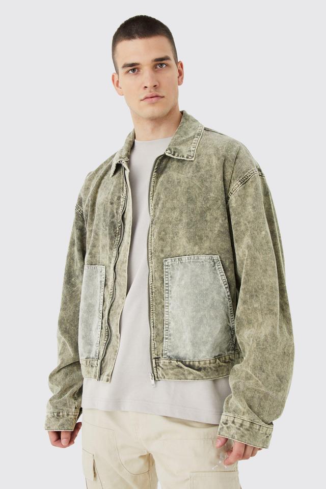 Tall Boxy Colour Block Acid Wash Cord Jacket | boohooMAN USA Product Image