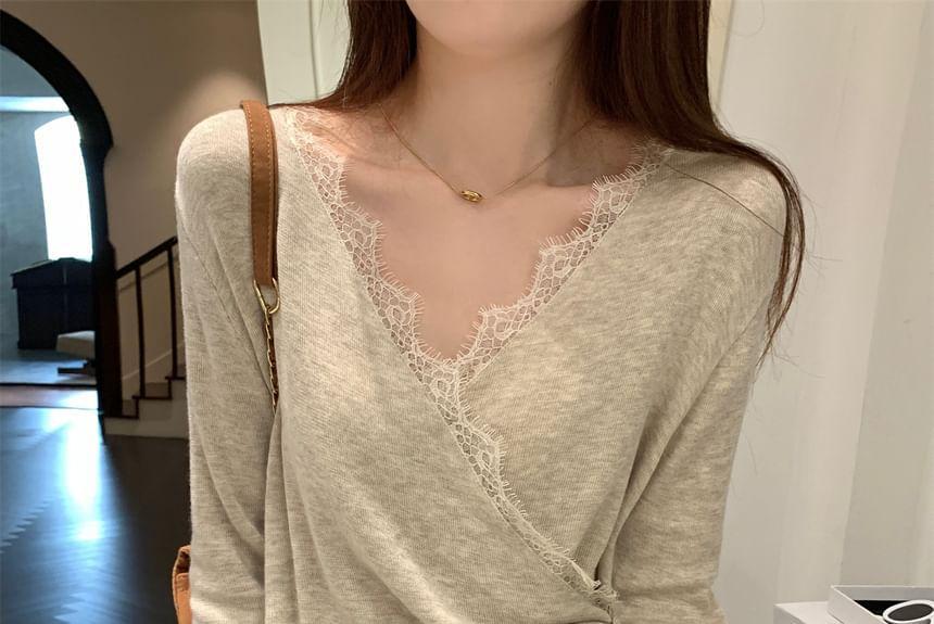 Long-Sleeve V-Neck Plain Lace Trim Wrap Knit Top Product Image